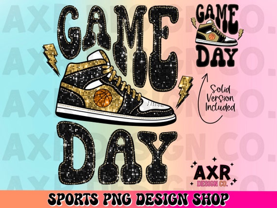 Retro basketball game day faux sequin embroidery png, basketball sublimation design, basketball season png, black and gold basketball png