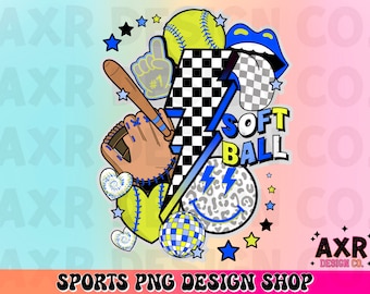 Retro softball collage Png, softball sublimation design, softball season png, blue custom color softball png shirt design, digital download