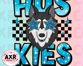 Mascotte preppy degli Huskies png, design dello spirito scolastico della mascotte degli Huskies, design a sublimazione retrò degli Huskies, stampa digitale di magliette con la mascotte della squadra sportiva