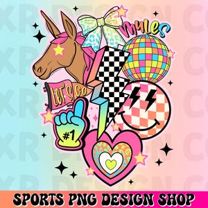 May include: A colorful graphic design featuring a unicorn, a disco ball, a smiley face, a heart, and a lightning bolt. The design includes the text "Mules" and "Let's Go #1".