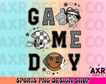 Retro football game day png, football sublimation design, touchdown season png, gray and black custom football team colors png