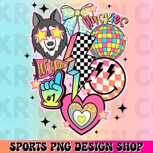 Huskies preppy mascot png, retro Huskies mascot school spirit design, retro Huskies sublimation, sports team mascot shirt digital print