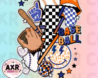 Collage de béisbol retro (Png), diseño de sublimación de béisbol, temporada de béisbol (Png), diseño de camiseta de béisbol (Png) en color azul marino y naranja personalizado