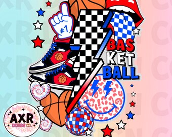Puede incluir: Un diseño digital que presenta una pelota de baloncesto, zapatillas deportivas, una bola de discoteca y una lengua roja con un patrón a cuadros. El diseño también incluye un patrón a cuadros, un rayo y las palabras "Baloncesto" y "#1".