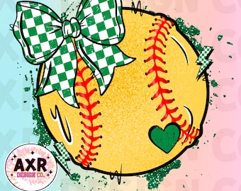 Softball coquette bow png, cute green and white softball sublimation design, softball game day, custom softball team colors, digital