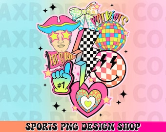 May include: A colourful digital illustration of a sports fan with a variety of sports-themed graphics. The illustration includes a person wearing a captain's hat, a chequered flag, a smiley face with lightning bolts, a disco ball, a heart with a smaller heart inside, and a banner that says "Let's Go" with the number one in a circle.