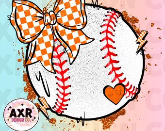 Baseball coquette bow png, cute orange and white baseball sublimation design, baseball game day, custom baseball team colors, digital