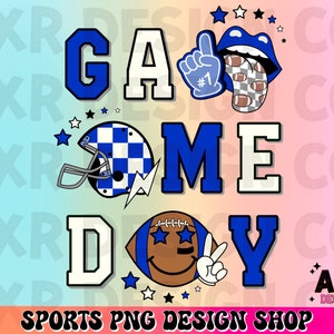 Retro football game day png, football sublimation design, touchdown season png, blue  custom football team colors png, digital download
