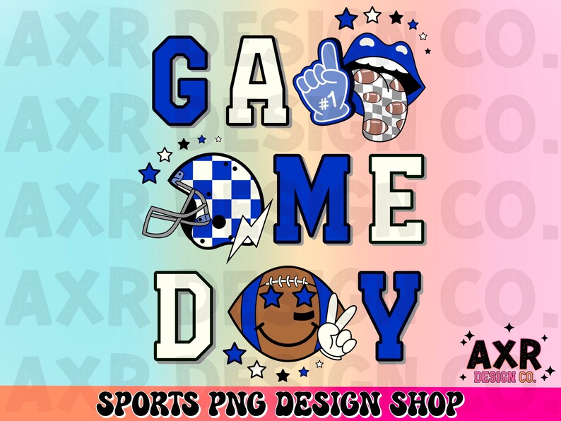 May include: Blue, white, and black graphic design with the words "Game Day" and a football with a smiley face. The design also includes a football helmet, a hand with a number one finger, and a blue mouth with a tongue sticking out.