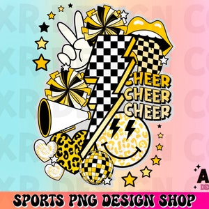 Retro cheer collage png, cheerleading sublimation design, yellow cheer team png, all star cheer png, cheer mom png, cute cheer shirt design
