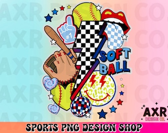 Retro softball collage Png, softball sublimation design, softball season png, red blue custom color softball shirt design, digital download