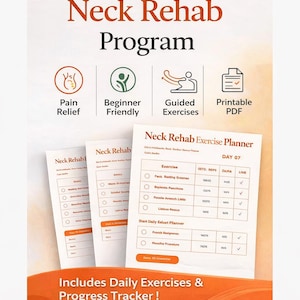 Könnte beinhalten: Bild eines 14-Tage-Programms zur geführten Nackenrehabilitation. Das Bild enthält einen Planer mit Übungen und einen Fortschritts-Tracker. Das Programm ist für Anfänger geeignet und bietet Schmerzlinderung mit geführten Übungen.