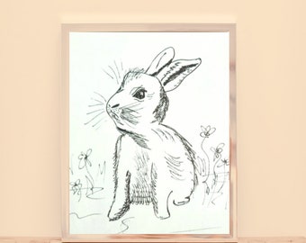 Bébé lapin dans un champ, dessin au trait, impression d'art, maison ou chambre d'enfant, minimaliste