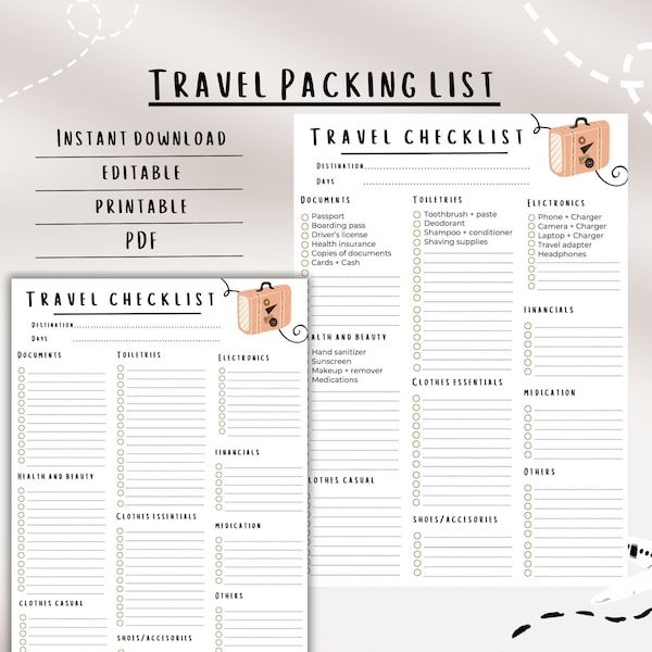 Editable Travel Packing List Travel Checklist Printable Travel Planner Travel Organiser Travel Vacation Planner Packing List for all