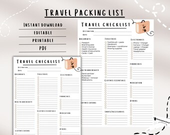 Editable Travel Packing List, Printable Vacation Planner (PDF) - Etsy