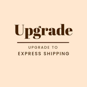 May include: A light peach-colored graphic featuring the dark brown text Upgrade in a large serif font, followed by a horizontal line and the smaller, capitalized dark brown text UPGRADE TO EXPRESS SHIPPING centered below the line.