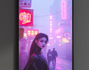 Cyberpunk Girl In Raincoat City Poster Futuristic Print Cyber Punk Rave Wall Art Synth-wave Retro Neon Game room Decor Gift Canvas sci fi