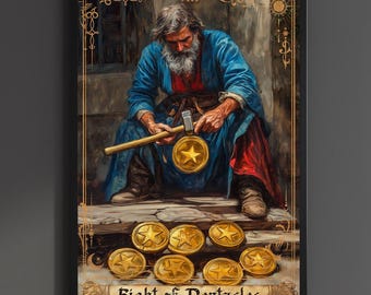 Eight of Pentacles Print Tarot Card Poster Suit of Pentacles 8 Canvas Painting Arcane Wall Art Dark Academia Occult gift Gaming room Decor
