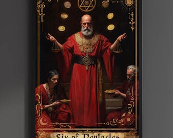 Six of Pentacles Print Tarot Card Poster Suit of Pentacles 6 Canvas Painting Arcane Wall Art Dark Academia Occult gift Gaming room Decor