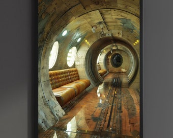 Retro Futuristic Bunker Corridor Print Vintage 50s Retrofuturism Wall art Fallout Town Post Apocalyptic Poster Underground Decor Canvas art