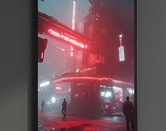 Cyberpunk Neon City Hub Poster Futuristic Print Cyber Punk Rave Wall Art Synthwave Retro Neon Game room Decor Rain Gift Canvas sci fi 80s 90