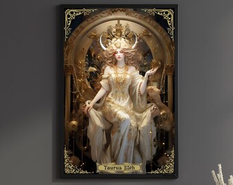 Personalized Taurus Zodiac Print Celestial Sign Poster Custom Birthday Gift Belle Epoque Painting Wall Art Stars Art Nouveau Decor For Her