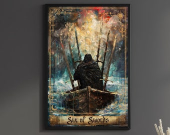 Six of Swords Print Tarot Card Art Poster Suit of Swords 6 Canvas Painting Wall Art Dark Academia Occult gift Gaming room Decor Geek Hanger