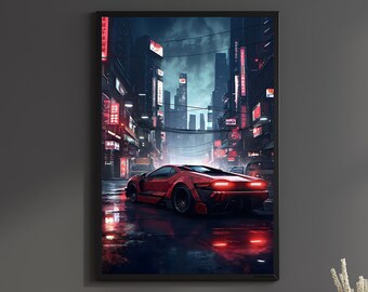 Cyberpunk Neon City Poster Sportwagen Futuristische Print Cyber Punk Wall Art Synthwave Retro Neon City Game room Decor Regencadeau Canvas sci fi
