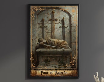 Four of Swords Print Tarot Card Art Poster Suit of Swords 4 Canvas Painting Wall Art Dark Academia Occult gift Gaming room Decor Geek Hanger