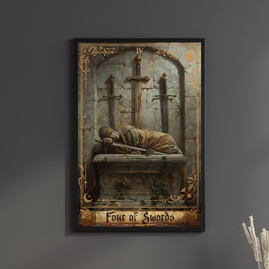 Four of Swords Print Tarot Card Art Poster Suit of Swords 4 Canvas Painting Wall Art Dark Academia Occult gift Gaming room Decor Geek Hanger