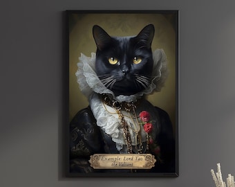 Personalized Black Cat Print Regal Renaissance Poster Custom Birthday Gift Cat Lovers Wall Art Cat Mom Decor Lord Lady Quote For Her Oil