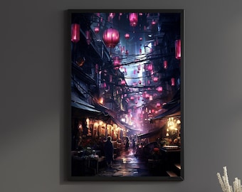 Cyberpunk Flea Market Print Cyber Punk Wall art Red Lantern Poster Futuristic Decor Anime Canvas Sci fi Wall Hanger Gift For Her Living Room