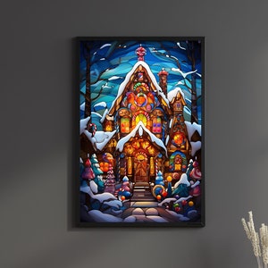 Ginger Bread House Print Stained Glass X-mas Vitro Wall art Christmas Poster Floral Decor Beautiful Canvas Living Room Wall Hanger Gift
