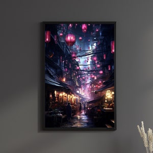 Cyberpunk Flea Market Print Cyber Punk Wall art Red Lantern Poster Futuristic Decor Anime Canvas Sci fi Wall Hanger Gift For Her Living Room