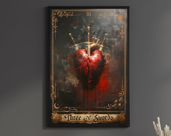 Three of Swords Print Tarot Card Art Poster Suit of Swords Canvas Painting Wall Art Dark Academia Occult gift Living room Decor Geek hanger