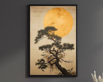 Japanese Pine tree poster gift for him decor japanese tree moon painting Japan wall art living room wall hang japan art pine tree moon print