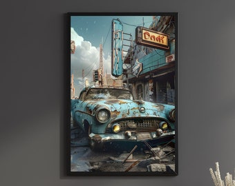 Retro Futuristic Car Print Vintage 50s car Wall art Fallout Town Post Apocalyptic Poster Geek game room Decor Sci fi art Canvas Gift For Him