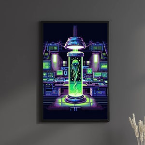 May include: A pixel art print of a green alien-like creature in a glass tube, surrounded by a futuristic laboratory setting with glowing lights and screens.