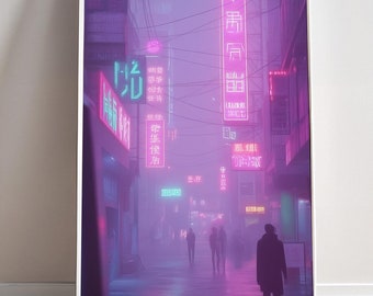 Cyberpunk Smog Under City Poster Futuristic Print Cyber Punk Rave Wall Art Synthwave Retro Neon Game room Decor Rain Gift Canvas sci fi 80s