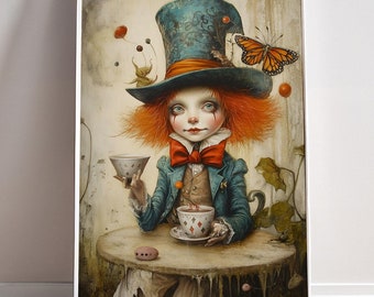 The Mad Hatter Print Alice's Adventures In Wonderland Lewis Carroll Poster Dark Academia Canvas Painting Goth Fairytale Wall Art gift Decor
