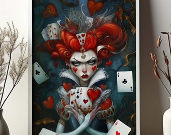 Queen Of Hearts Print Alice's Adventures In Wonderland Fan King Poster Dark Academia Canvas Painting Goth Fairytale Wall Art gift Decor