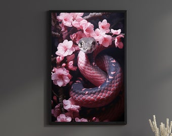 May include: A black framed print of a snake wrapped around pink cherry blossoms. The snake is black and red with a grey head. The background is dark.