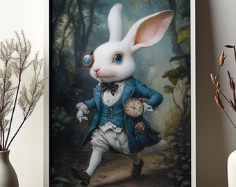 The White Rabbit Print Alice's Adventures In Wonderland Fan Clock Poster Dark Academia Canvas Painting Goth Fairytale Wall Art gift Decor