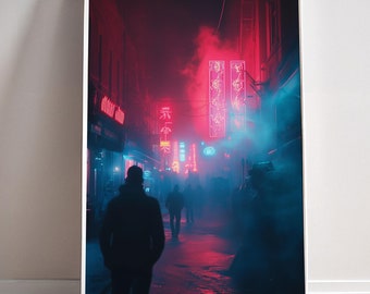 Cyberpunk Smog Cyberpunk Alley Poster Futuristic Print Cyber Punk Rave Wall Art Synth-wave Retro Neon Game room Decor Gift Canvas sci fi 80s