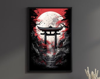 Torii Gate Night Poster Japanese Art Print Feudal Japan Canvas Moon Wall Art Temple Wall Hanger Buddhism Game room Birthday Gift for him