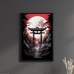 Torii Gate Night Poster Japanese Art Print Feudal Japan Canvas Moon Wall Art Temple Wall Hanger Buddhism Game room Birthday Gift for him