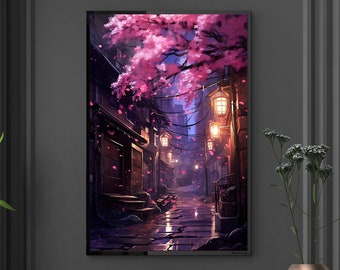 Anime Style Alley Print Japanese town Poster rural Japan Sakura Tree Digital Art Wall Hang Night Scene Canvas Purple and Pink Birthday Gift