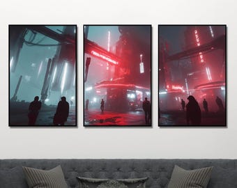 Panoramic Cyberpunk Neon City Hub Prints Cyber punk Futuristic Print Rave Wall Art Synth-wave Retro Neon Game room Decor Gift Canvas sci fi