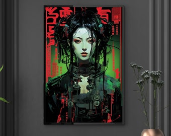 Cyberpunk Shadow Runner Print Cyber Punk Wall art Geisha Poster Decor Futuristic Anime edge Canvas Cityscape Wall Hanger Gift For Him Sci Fi