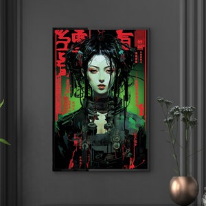 Cyberpunk Shadow Runner stampa Cyber Punk Wall art Geisha Poster Decor Futuristico Anime bordo tela paesaggio urbano Wall Hanger regalo per lui Sci Fi